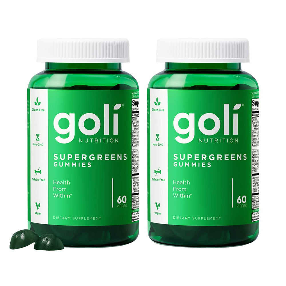 Goli Supergreens bottle with gummies, showcasing vegan, gluten-free daily greens.