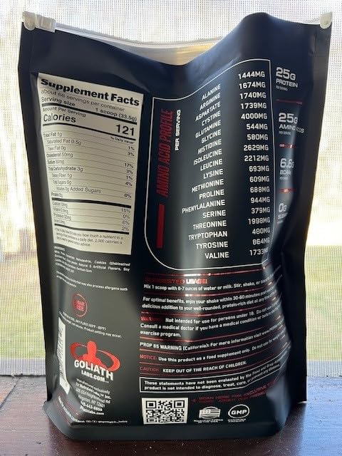 Cookies n Cream flavor serving of Goliath Labs whey with a spoon.