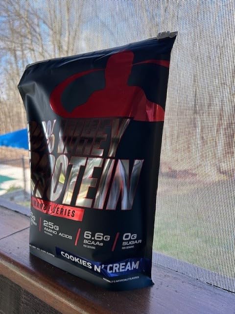Close-up of Goliath Labs whey powder nutrition label.