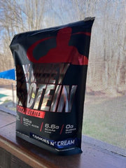 Close-up of Goliath Labs whey powder nutrition label.