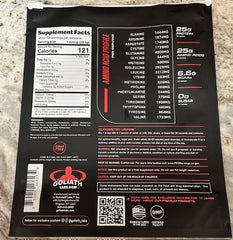 Goliath Labs whey powder scoop beside the tub for quick servings.