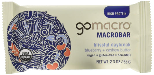 GoMacro Organic Blueberry Cashew Butter Bar front view shows chewy texture for a quick snack