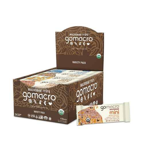 GoMacro MacroBar Mini peanut butter chocolate chip close-up, portable energy snack for busy days