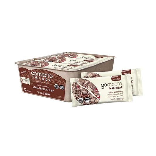GoMacro MacroBar Mocha Chocolate Chip packaging highlights a plant-based protein snack.