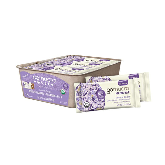 GoMacro MacroBar white chocolate macadamia with plant-based protein for a quick energizing snack.