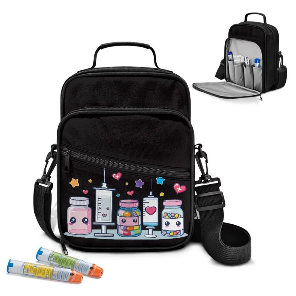 Gomyblomy black diabetic supplies bag main compartment keeps meters and supplies neatly organized.