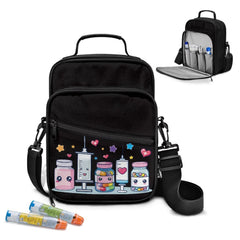 Gomyblomy black diabetic supplies bag main compartment keeps meters and supplies neatly organized.