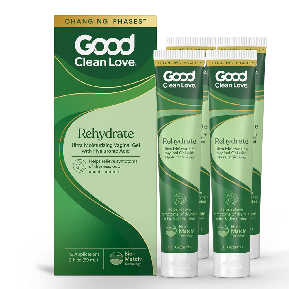 Good Clean Love Rehydrate bottle demonstrates long-lasting hydration for intimate comfort.