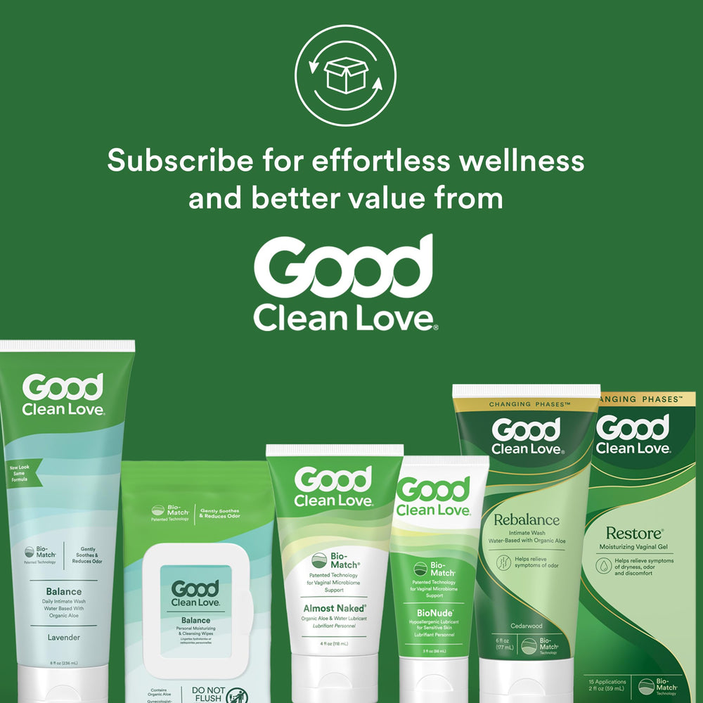 Good Clean Love Restore with lactic acid suggests gentle pH balance.