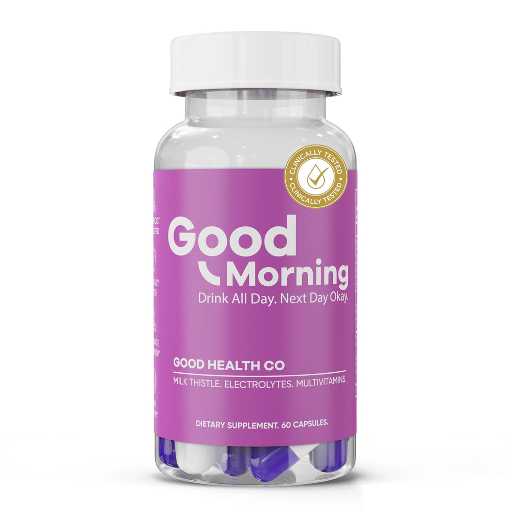 Good Health Co Good Morning Hangover Pills bottle on surface for morning recovery.