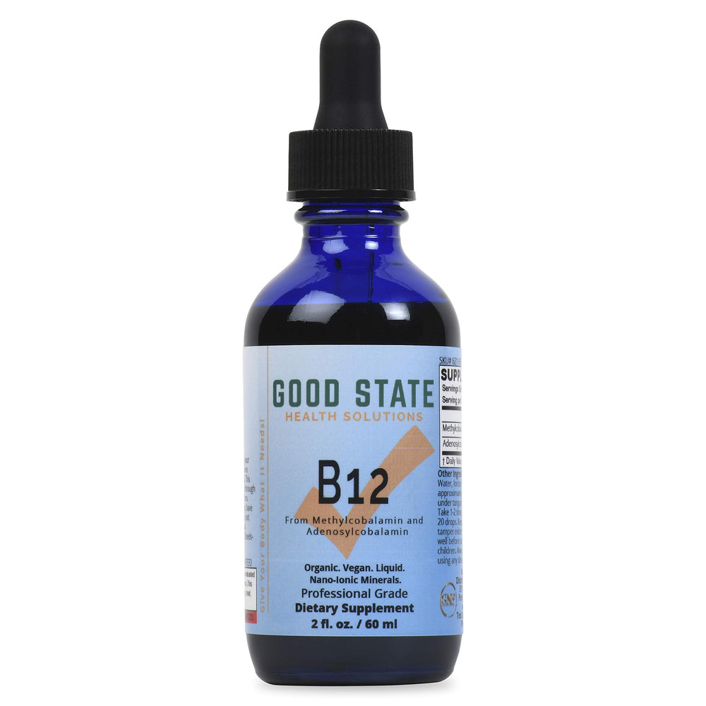 Good State B12 liquid bottle with dropper for precise daily dosing.