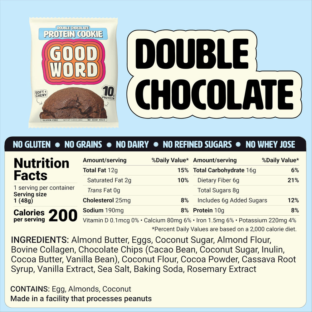 Good Word Double Chocolate cookie close-up, soft and chewy texture.