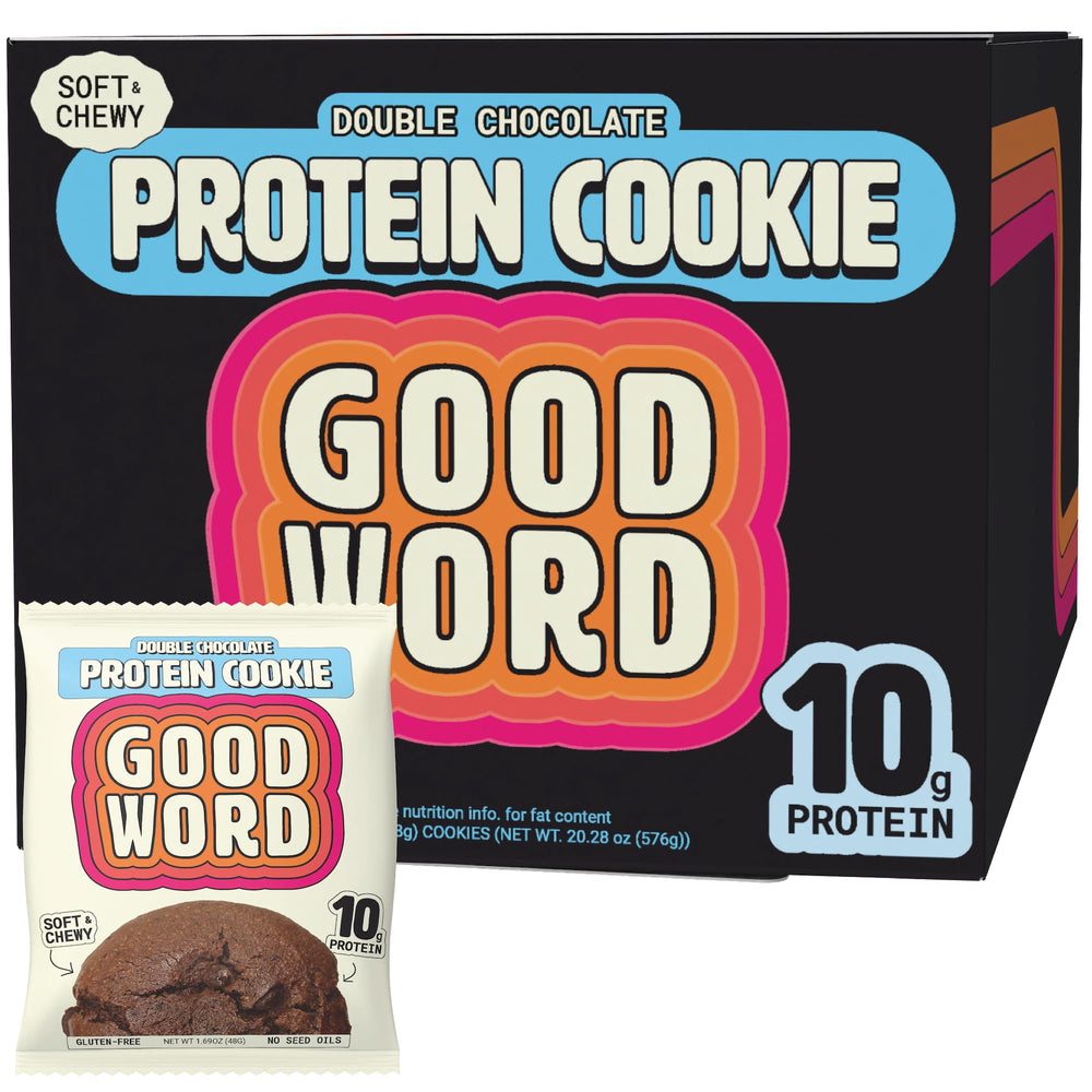 Good Word Double Chocolate Protein Cookie pack shows indulgent, protein-packed snack.