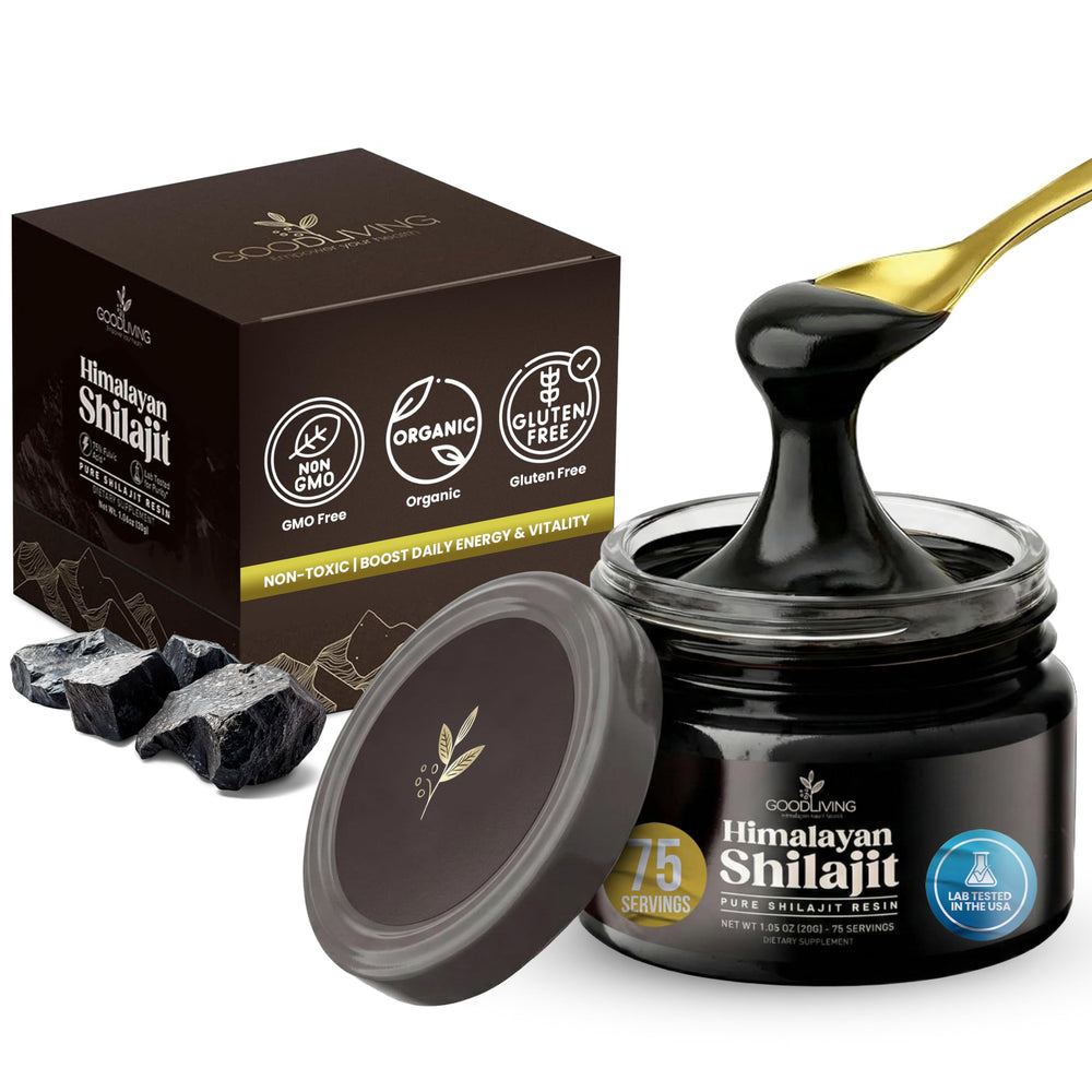 GoodLiving Himalayan Shilajit Resin jar showing potency and mineral-rich profile for daily energy