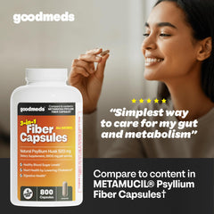 Close-up of GoodMeds Psyllium capsules highlighting easy-to-swallow daily fiber.