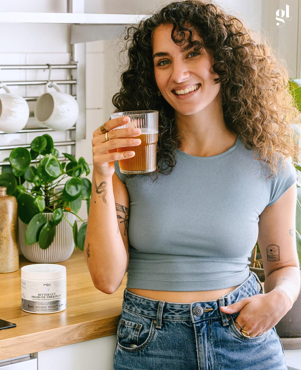 Goodness Lover Better Gut bottle-side shows serving size and nutrition details