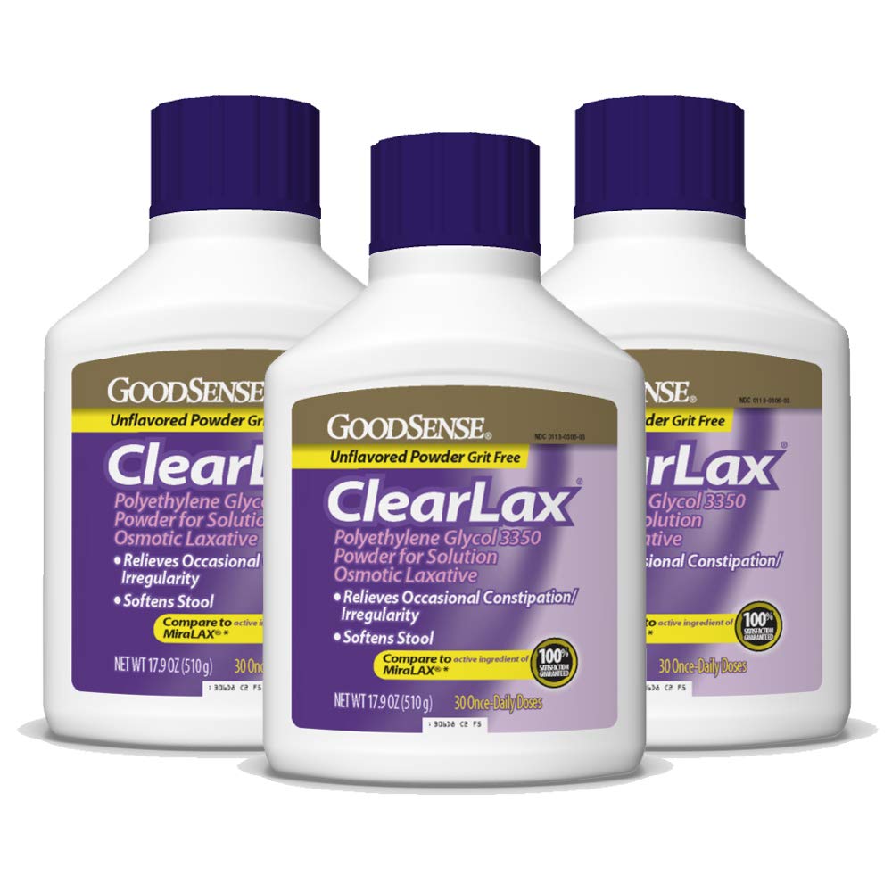 GoodSense ClearLax PEG 3350 powder dissolves in beverages for quick relief.