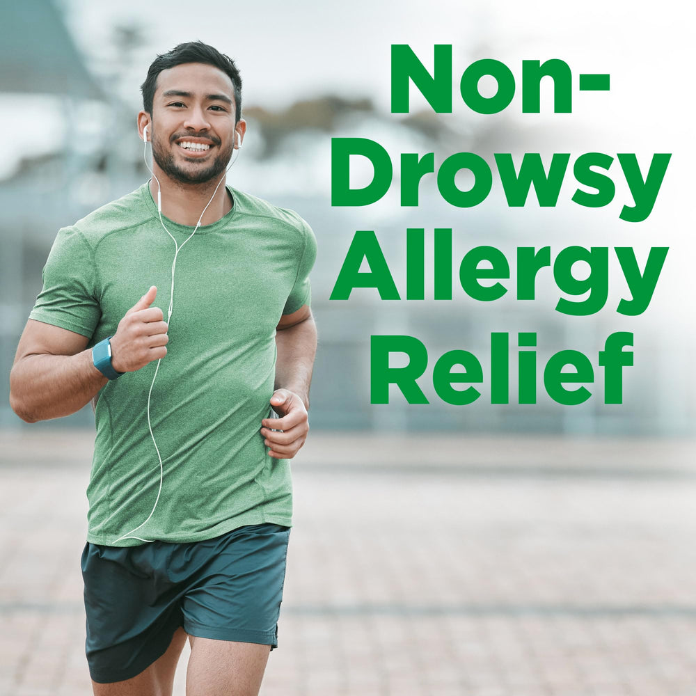 Mist from GoodSense Fluticasone nasal spray suggesting 24-hour relief potential.