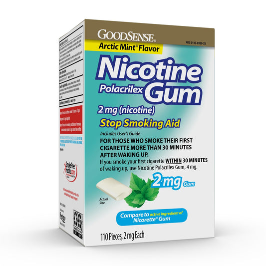 GoodSense nicotine gum mint packaging shows 2 mg option for cravings relief.