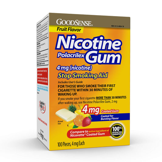 GoodSense nicotine gum packaging with fruit flavor for discreet cravings.