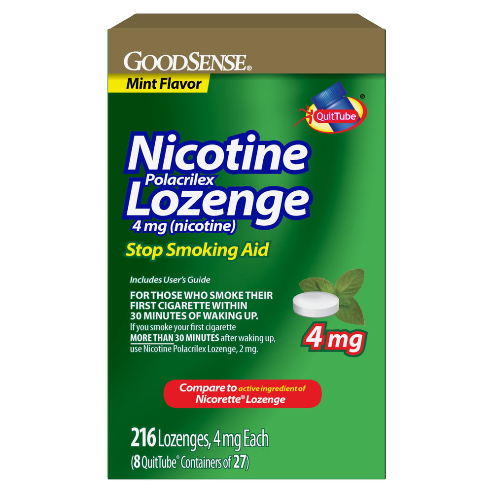 GoodSense Nicotine Polacrilex Lozenges 4 mg mint packfront: discreet craving relief on the go.