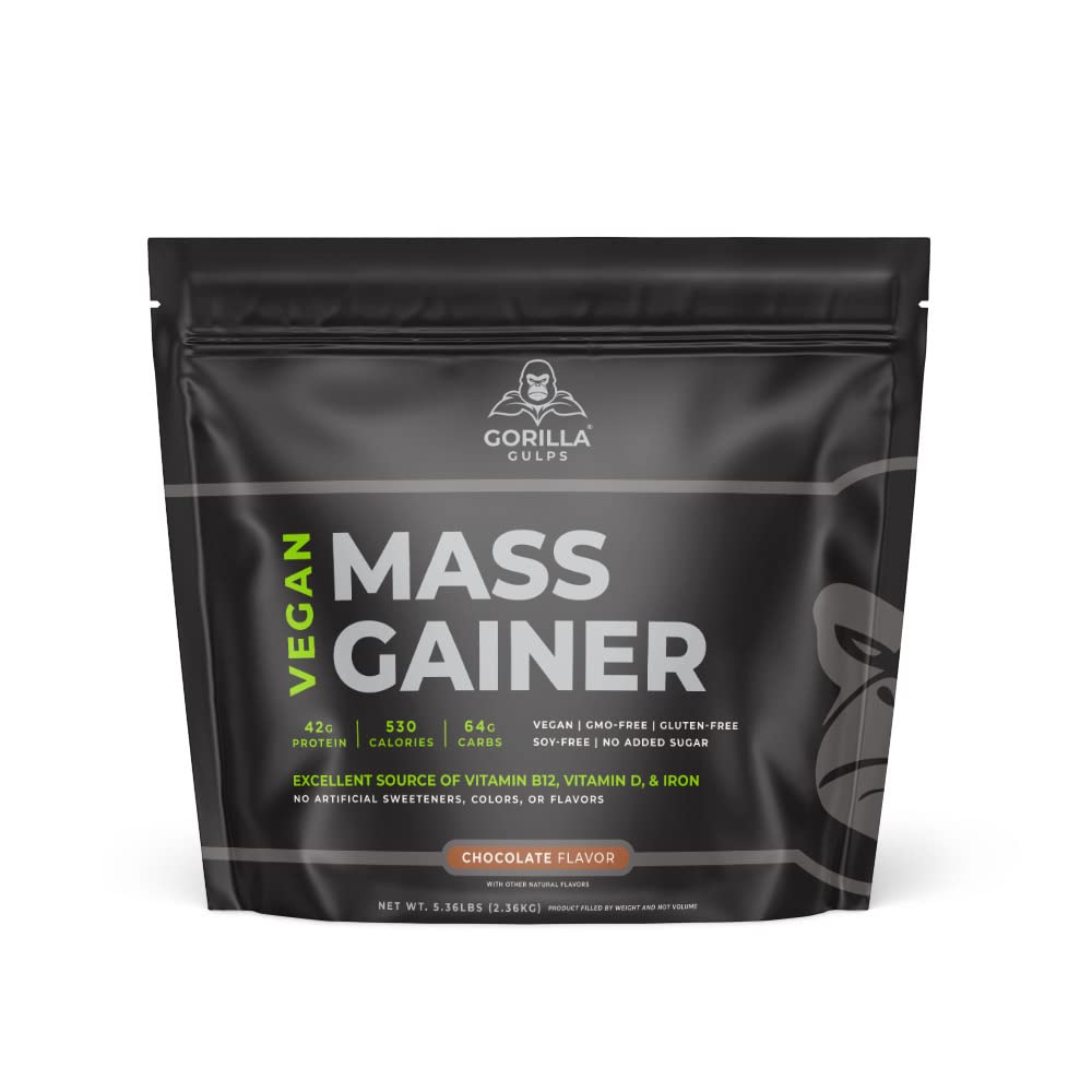 Gorilla Gulps chocolate vegan mass gainer jar shows 530 calories per serving for muscle support.