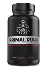 Gorilla Gulps Primal Pump bottle closeup highlighting pumps and nitric oxide support.