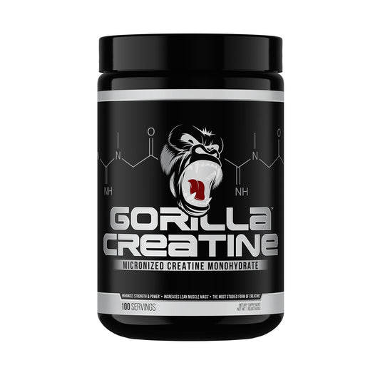 Gorilla Mind Creatine Monohydrate tub front showing 100 servings for muscle support.
