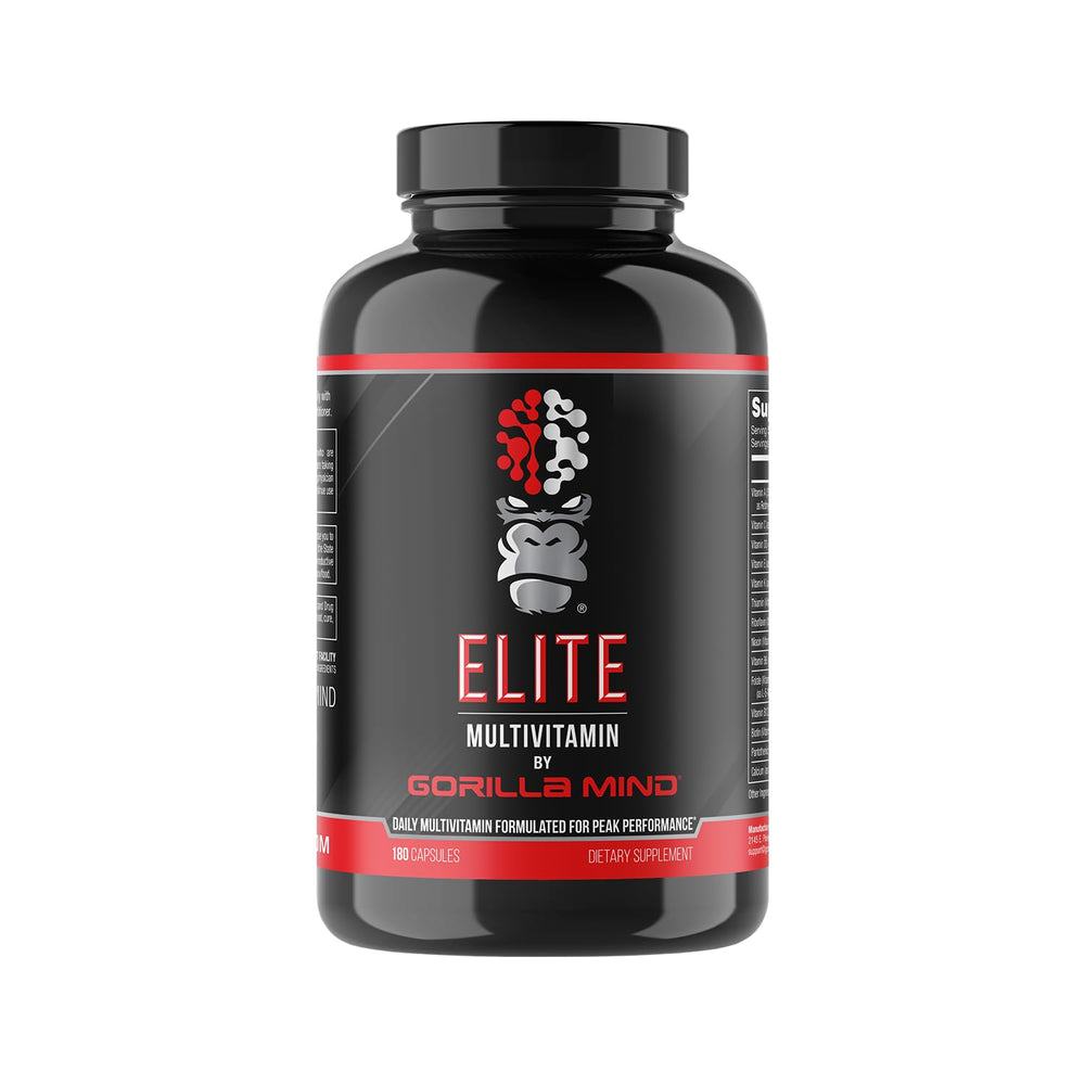 Gorilla Mind Elite bottle close-up showing capsules for daily performance support.