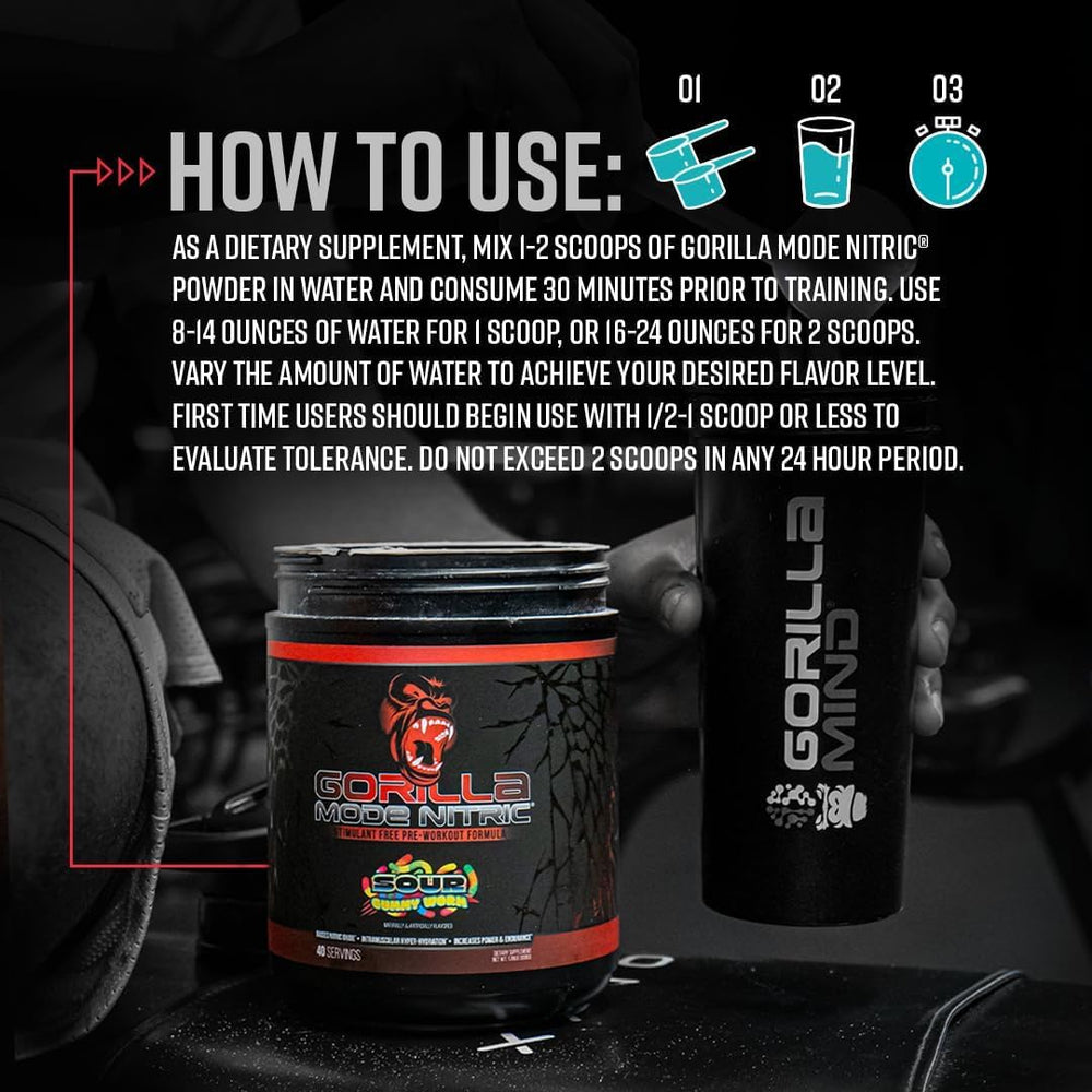 Gorilla Mind Gorilla Mode Nitric Upgraded bottle side view for gym use