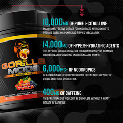 Tub of Gorilla Mind Gorilla Mode cherry flavor on a gym counter for pre-workouts