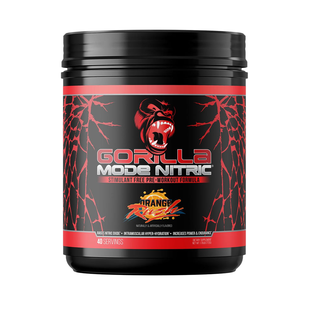 Gorilla Mind Nitric Up Orange Rush tub highlighting stimulant-free pumps.