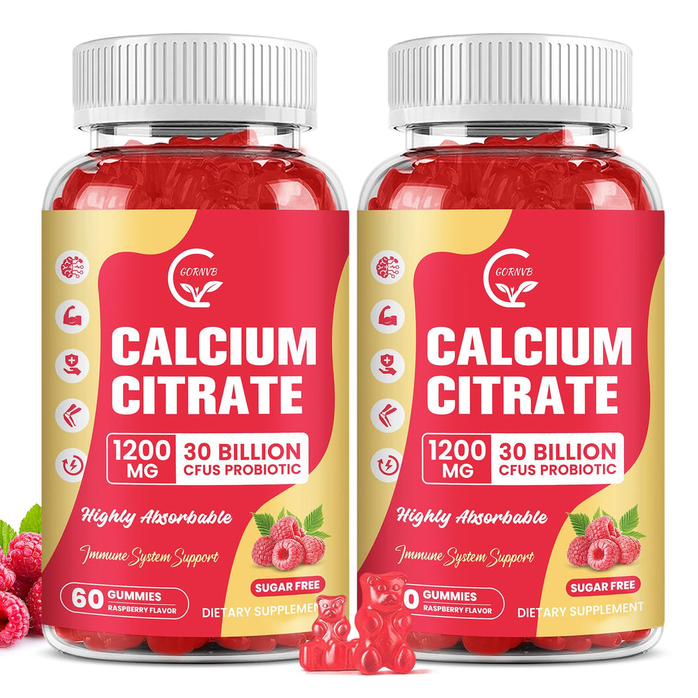 GORNVB calcium citrate gummies bottle showing raspberry flavor and daily calcium support.