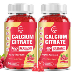 GORNVB calcium citrate gummies bottle showing raspberry flavor and daily calcium support.