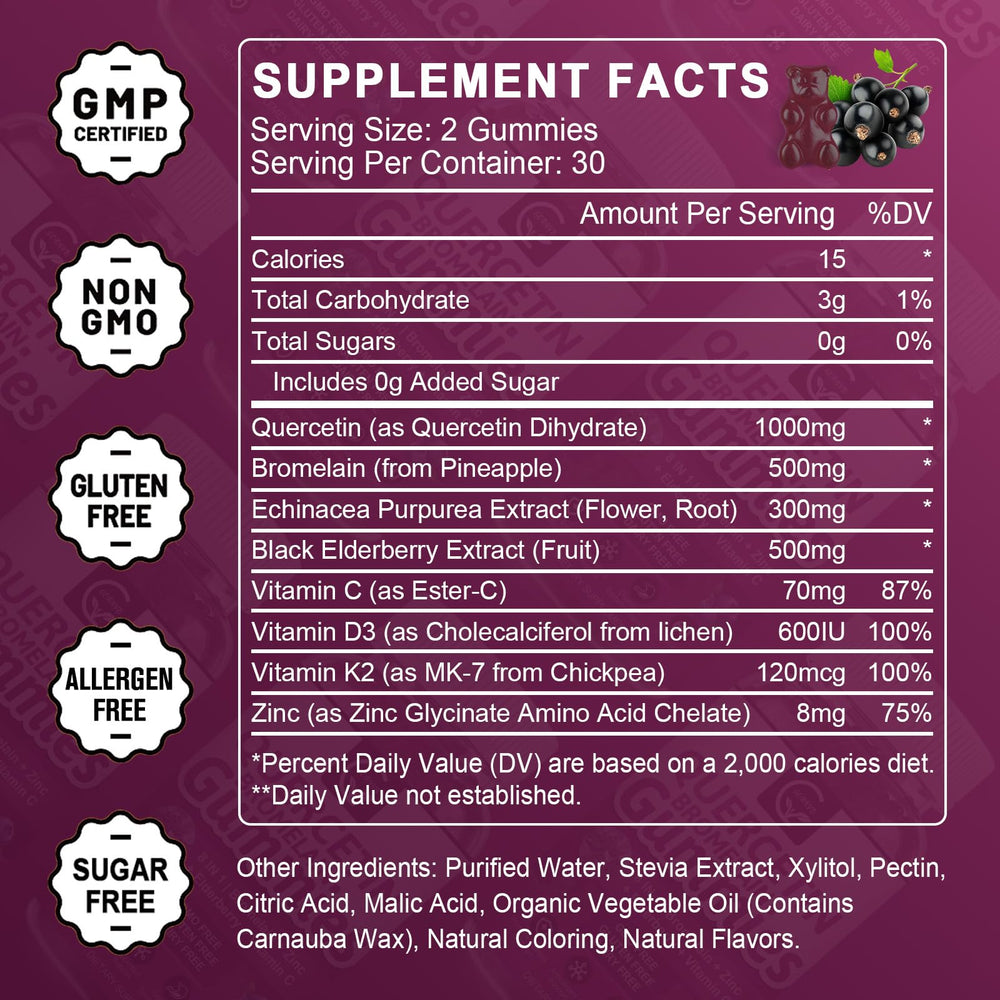 GORNVB Quercetin Gummies ingredients highlighted for immune balance.