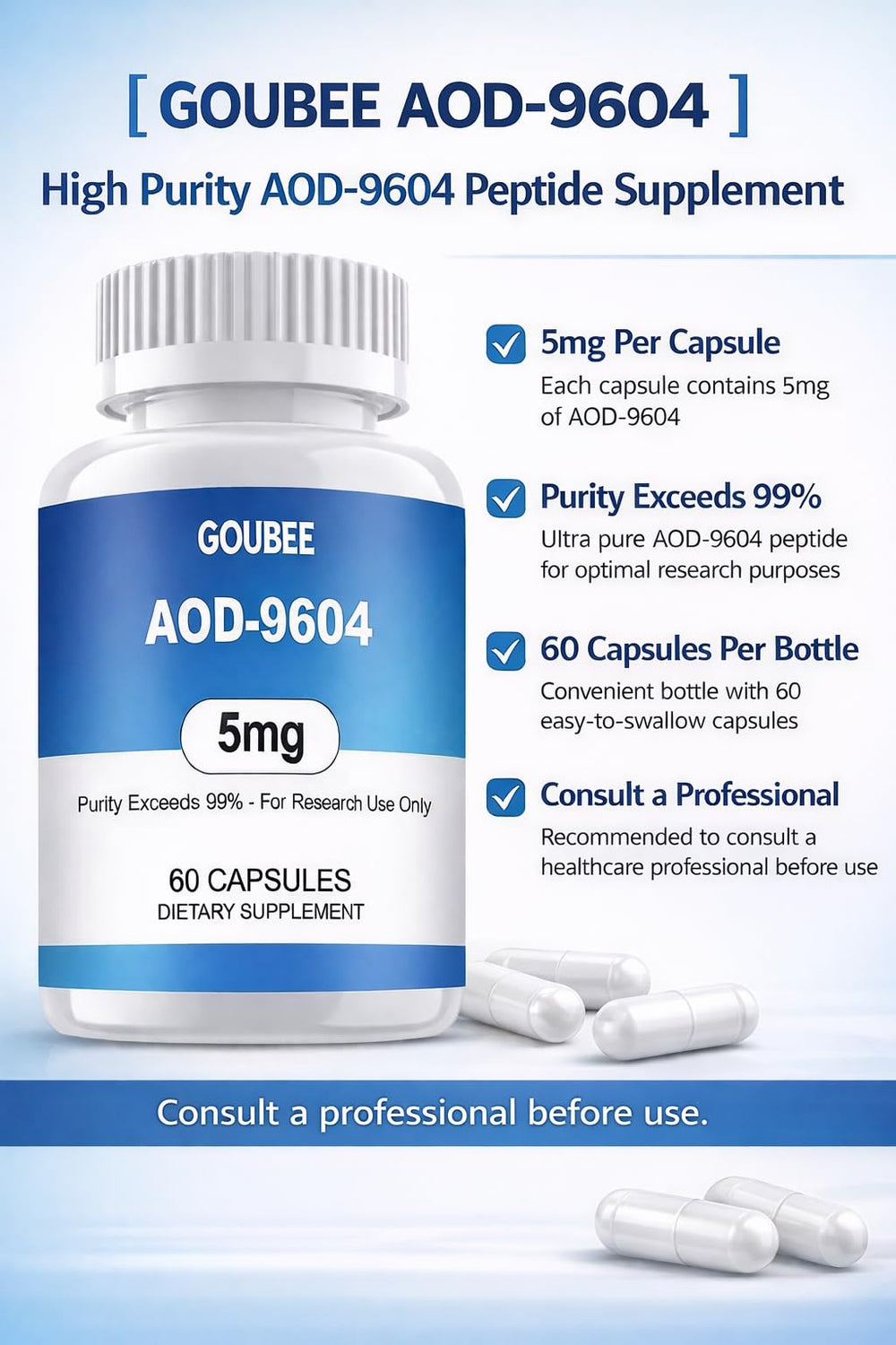Laboratory vial of GOUBEE AOD-9604 powder for precise research use