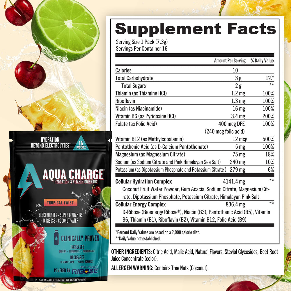 Tropical Twist pack close-up shows sugar-free electrolyte blend.