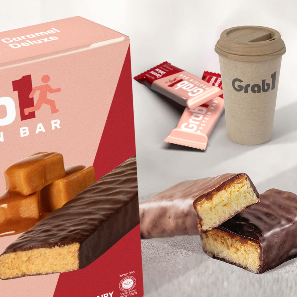 Grab1 Caramel Deluxe bar cross-section reveals protein and fiber-packed interior for sustained energy