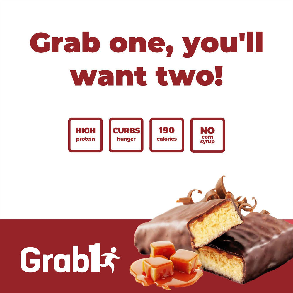 Grab1 Caramel Deluxe bar on desk conveys a quick meal replacement option