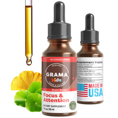 Grama Wellness focus drops bottle on desk showing calm focus during study