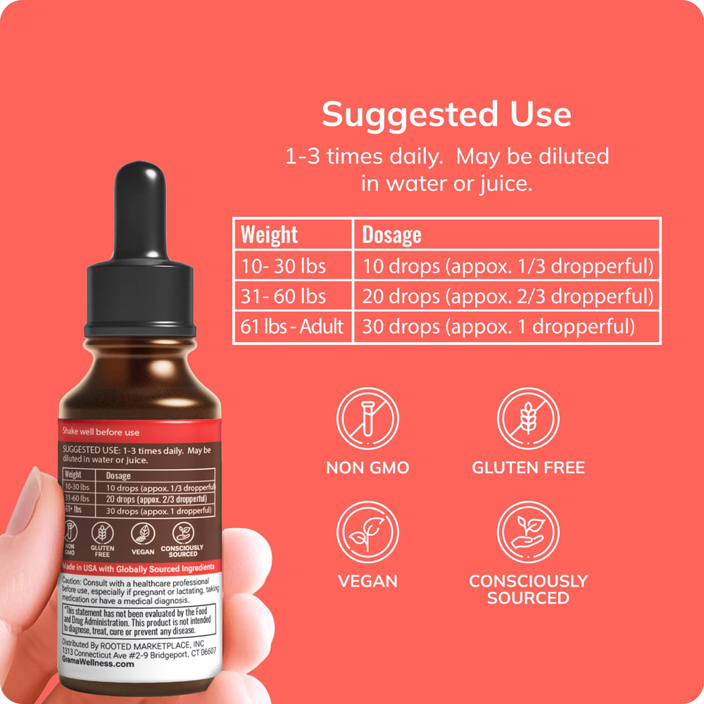 Grama Wellness focus drops label front highlighting organic, non-GMO ingredients for parents