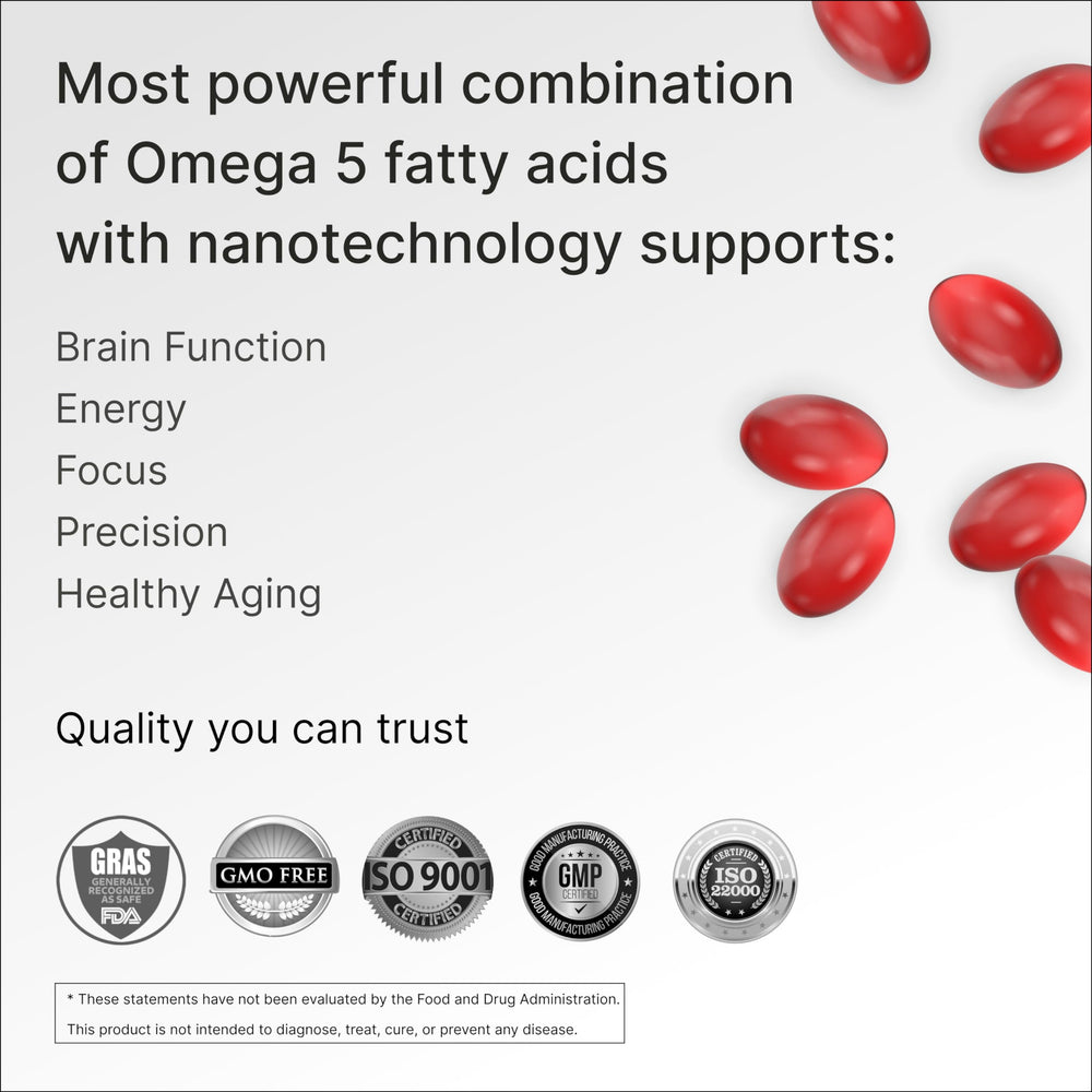 Granagard Omega5 bottle label highlights natural pomegranate oil benefits for focus