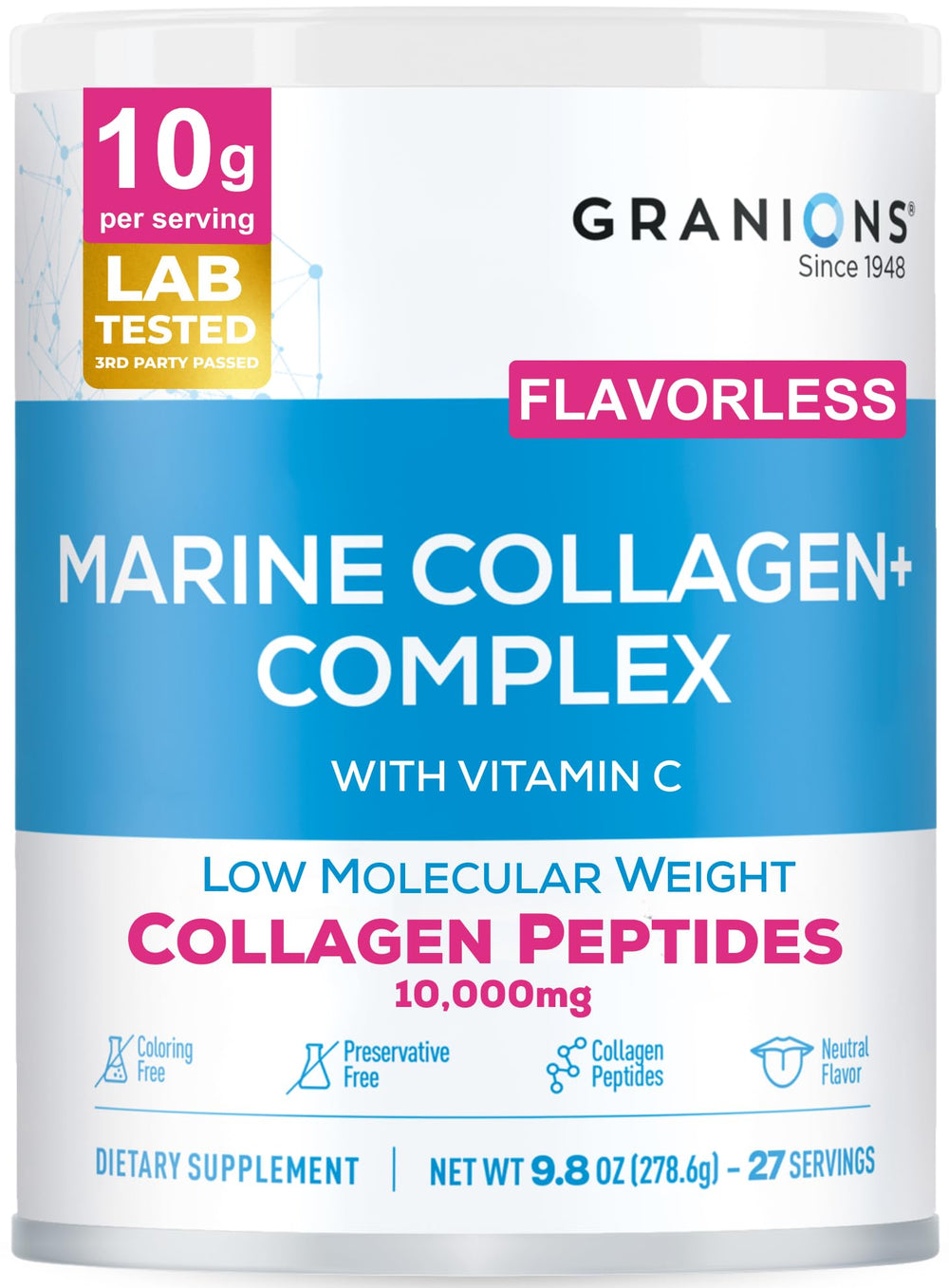 Granions marine collagen powder bottle on the counter for easy daily use.