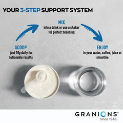 Powder dissolving in a glass of water with Granions collagen for a smooth mix.