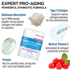 Granions collagen powder scoop beside the bottle for precise daily dosing.
