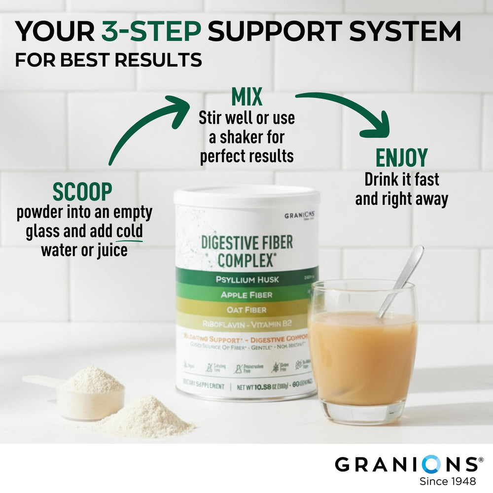 Granions Psyllium Husk Powder vegan label highlights plant-based fiber.