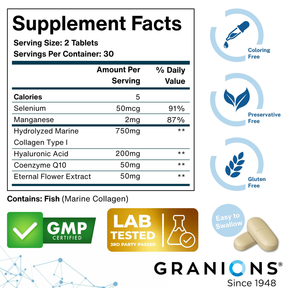 Granions selenium manganese skin tablets promoting healthy collagen formation and elasticity.