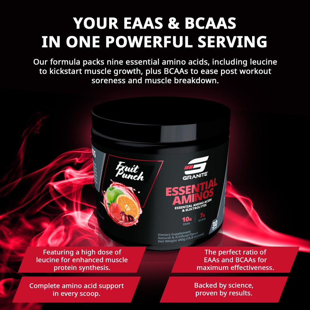 Granite Essential Amino Acids Powder Fruit Punch shake on gym bench after session.