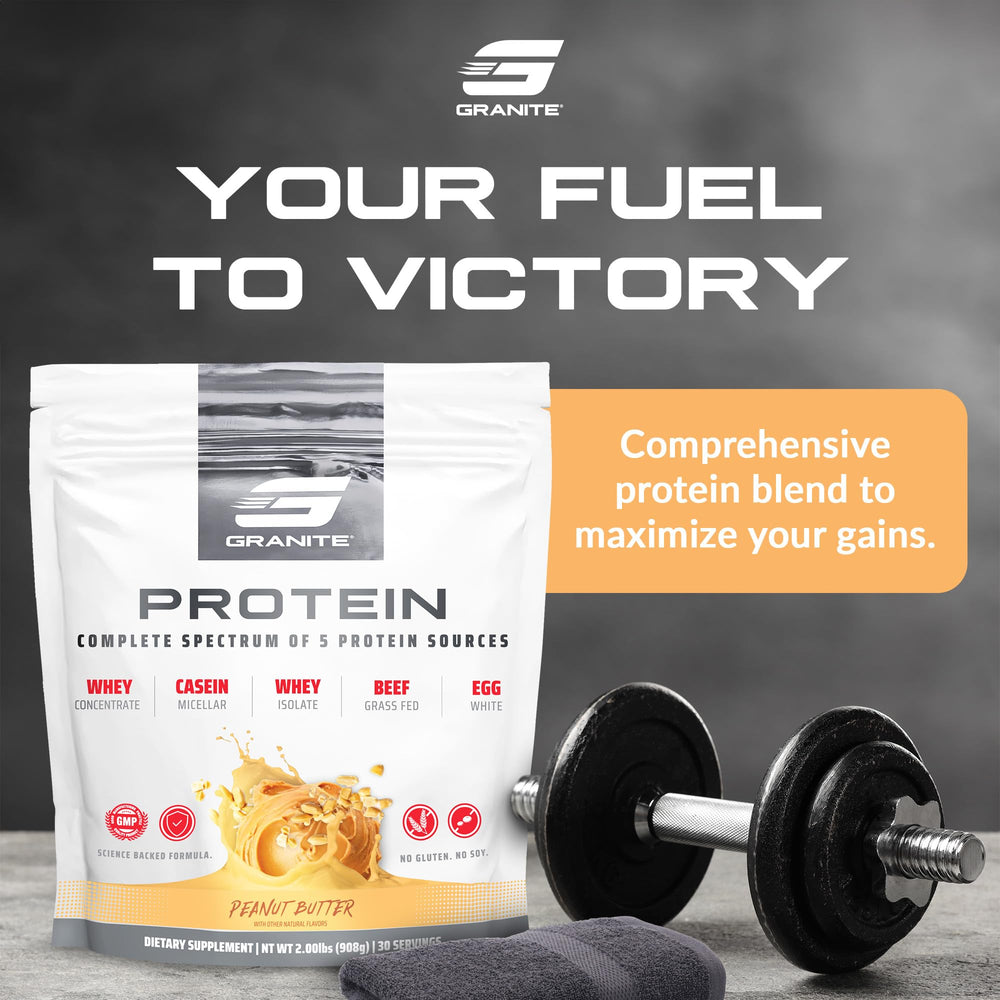 Granite Supplements protein powder scoop highlights 23g protein per serving for recovery.