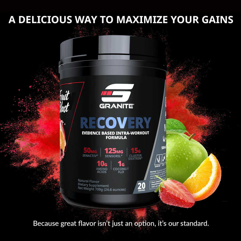 Granite Supplements Recovery tub close-up highlighting premium intra-workout blend.